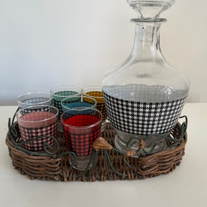 French Check Design Decanter and 6 vintage shot glasses on original tray