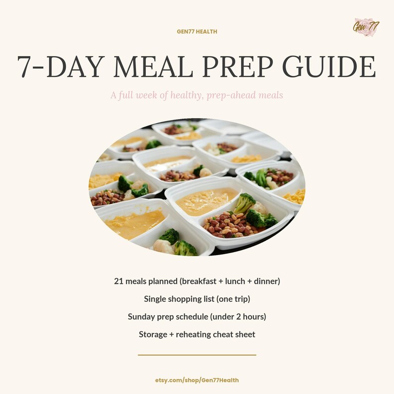 May include: A 7-Day Meal Prep Guide with a full week of healthy, prep-ahead meals. The image shows prepared meals in white containers. The guide includes 21 meals, a single shopping list, a Sunday prep schedule, and a storage and reheating cheat sheet.
