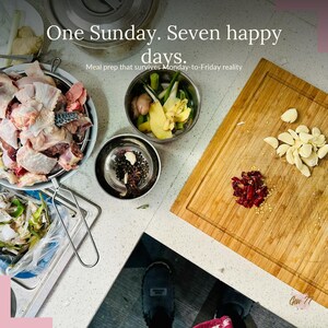 May include: A top-down view of meal prep ingredients. The image includes raw chicken pieces in a metal strainer, bowls of spices and vegetables, and a wooden cutting board with garlic and red peppers. Text reads: "One Sunday. Seven happy days."