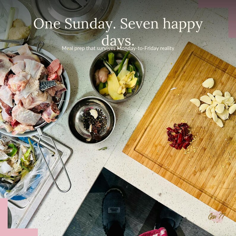 May include: A top-down view of meal prep ingredients. The image includes raw chicken pieces in a metal strainer, bowls of spices and vegetables, and a wooden cutting board with garlic and red peppers. Text reads: "One Sunday. Seven happy days."