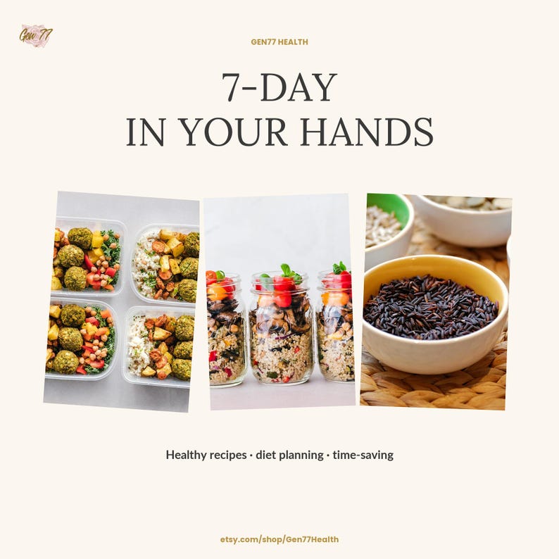 May include: An image promoting healthy eating with the text "7-DAY IN YOUR HANDS." It features meal prep containers with various foods, glass jars with layered ingredients, and bowls of grains. The text "Healthy recipes &bull; diet planning &bull; time-saving" is also included.