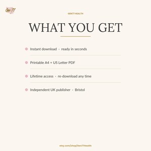 May include: A cream-colored digital download product information sheet with the text "WHAT YOU GET" in a bold, serif font. The sheet lists features including instant download, printable PDF, lifetime access, and UK publisher. The Etsy shop URL is at the bottom.