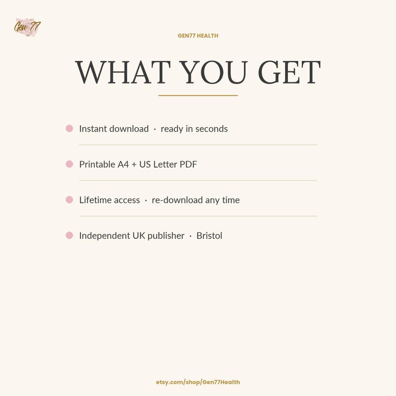 May include: A cream-colored digital download product information sheet with the text "WHAT YOU GET" in a bold, serif font. The sheet lists features including instant download, printable PDF, lifetime access, and UK publisher. The Etsy shop URL is at the bottom.