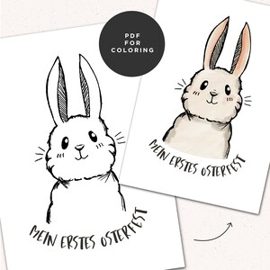 Template for coloring with a cute hand-drawn rabbit as a printable PDF - ideal for children or kindergartens