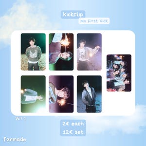 Può includere: Un set di sei fototessere con immagini di un gruppo di persone. Le tessere sono disposte su uno sfondo bianco con il testo "KickFlip" e "My First Kick". È visibile anche il testo "SET 1" e "fanmade".