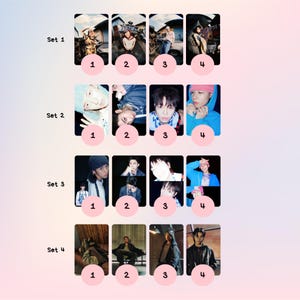 May include: A collection of sixteen photo cards arranged in four sets, each set containing four cards. The cards feature images of people in various poses and settings. The sets are labelled "Set 1" through "Set 4", with numbers 1-4 on each card.
