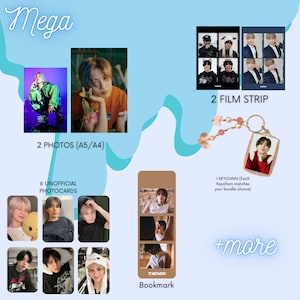 Puede incluir: Paquete de fotocards de K-pop Mega que incluye dos fotos, seis fotocards no oficiales, un marcapáginas, un llavero y dos tiras de película. El paquete incluye imágenes de un ídolo masculino de K-pop.