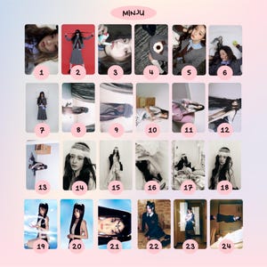 May include: A collage of 24 images, each in a rectangular frame, featuring a variety of poses and outfits. The images are arranged in a grid, with a pink oval at the top center that reads "MINJU". The images include portraits and full-body shots.