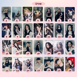 May include: A set of 28 photo cards featuring a group of women. Each card shows a different pose and outfit. The cards are arranged in a grid, with the word "Group" at the top. The women are wearing various outfits, including dresses, tops, and skirts.