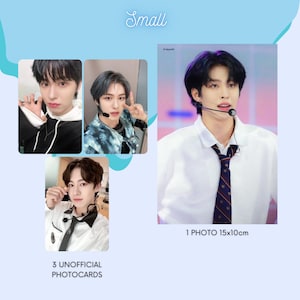 Może przedstawiać: Zestaw fotokartek K-pop z trzema różnymi zdjęciami młodego mężczyzny. Fotokartki mają wymiary 10 cm x 7 cm. Zestaw zawiera również większe zdjęcie o wymiarach 15 cm x 10 cm.