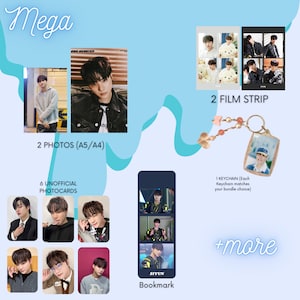 May include: Mega bundle of K-pop photocards, photos, a bookmark, a keychain, and film strips. The bundle includes 6 unofficial photocards, 2 photos, a bookmark, a keychain, and 2 film strips. The photocards feature a young man with black hair. The photos feature a young man with black hair. The bookmark features a young man with black hair. The keychain features a young man with black hair. The film strips feature a young man with black hair.