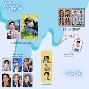 May include: A collection of K-pop photocards, photos, and other merchandise featuring a male idol. The set includes two photos, six photocards, a bookmark, a keychain, and two film strips. The items are arranged on a blue background with white swirls.