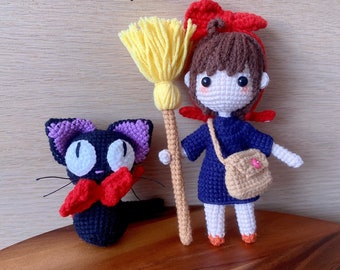 Ready to ship: Handmade Adorable Delivery Witch and Black Cat Crochet Plush | Jiji & Kiki | Cute Amigurumi | Halloween Gift kk JJ