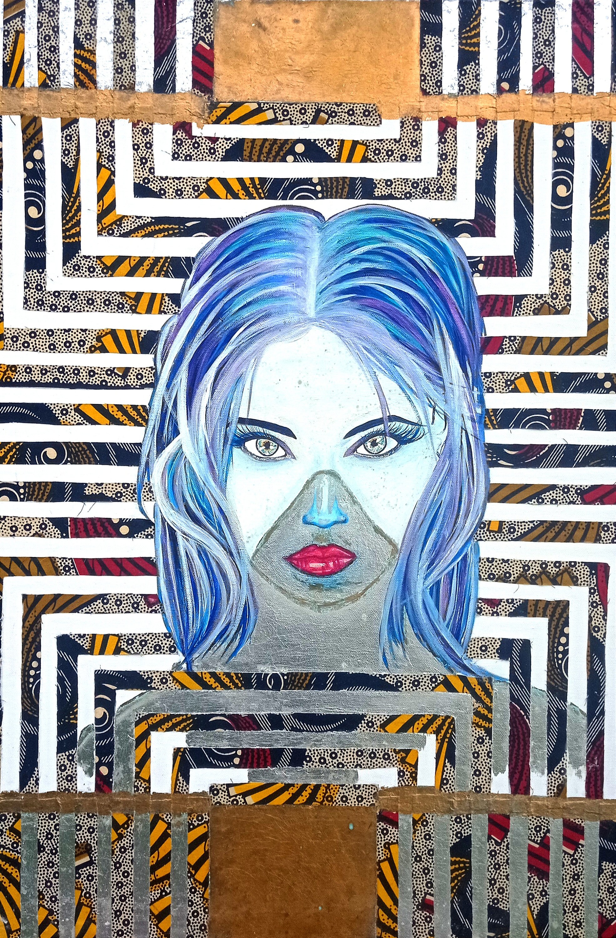 Sius Géométrique, Argent, Cire Africaine, Tissus, Visage de Femme, Portrait, Bleu, Vintage, Wallart,