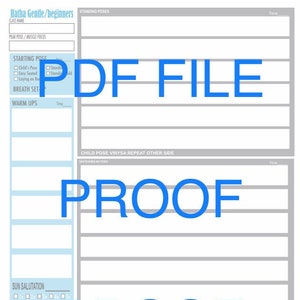 May include: A printable yoga class planner with a light blue and gray color scheme. The planner includes sections for standing poses, child pose vinyasa, seated kneeling poses, sun salutations, counter pose core, and supine poses. The planner also includes space for the class name, peak pose, muscle focus, breath set, warm ups, and time.