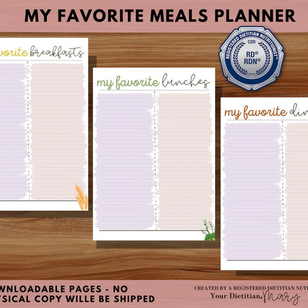 Printable Meal Planner | My Favorite Meals Guide | Meal Plan Guide | Refrigerator Meal Reminders