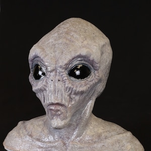 May include: A gray alien bust with large black eyes and a detailed face. The bust is made of a smooth, textured material.