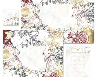 Rosh Hashanah Apples & Pomegranates Paper Placemat — Set of 12 with Coasters and Simanim Cards