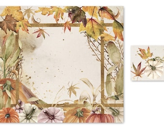 May include: A square decorative print featuring a gold-lined frame surrounded by watercolor autumn leaves and pumpkins in shades of orange, white, and muted green. A smaller matching square tile displays a single white pumpkin and maple leaves.