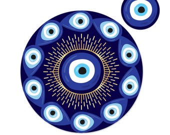 May include: A large circular graphic featuring a central eye motif surrounded by a ring of smaller eye symbols, all rendered in shades of dark blue, light blue, white, and black, with thin gold radiating lines encircling the central eye element.