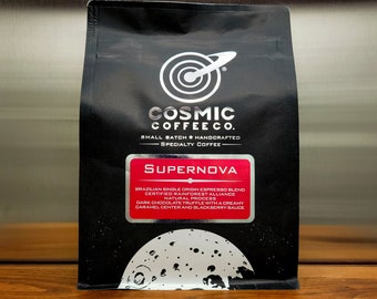 Espresso Roast Coffee Supernova 100 % Arabica Organic Fair Trade Rainforest Alliance 12 oz. (340g) bag roasted to order.
