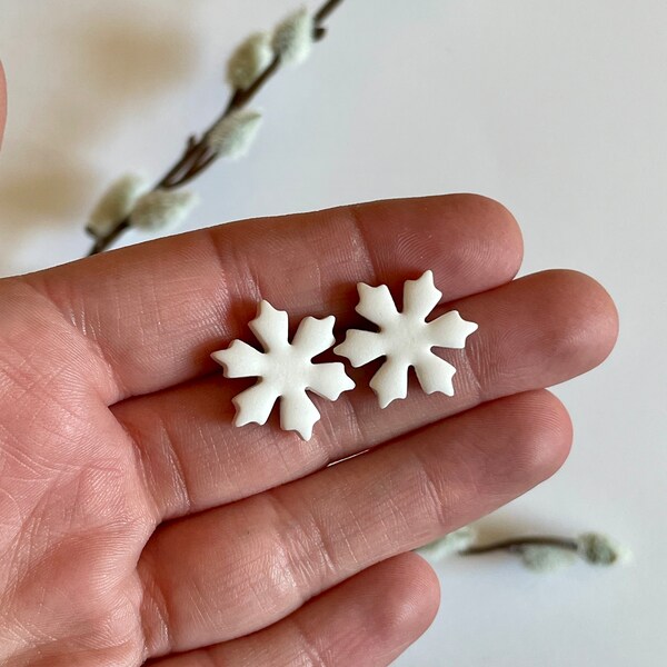polymer clay earring | silver or gold snowflake ball post dangle | white shimmer snowflake stud | mini white shimmer snowflake stud