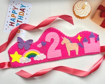 Handmade Magic land Felt Birthday Crown: Personalized with Rainbow, Unicorn, Castle and butterfly.