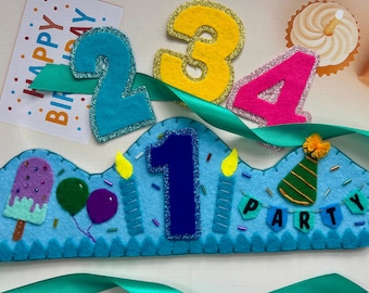Handmade Felt Birthday Crown: Personalized party Hat with Ice Cream, Candles and Party Hat with numbers 1 through 10