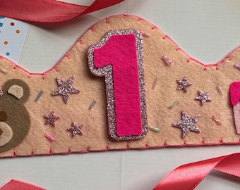 Handmade Felt Birthday Crown: Personalized party Hat with Teddy Bear and Cake