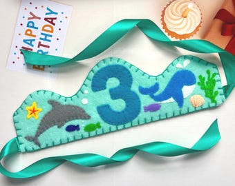 Handmade Under the Sea Birthday Crown: Personalized Party Hat with Dolphin, Whale, Starfish and Fish.