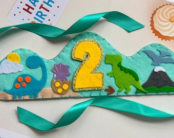 Handmade Dino Birthday Crown: Felt Party Hat, T-Rex & Volcano