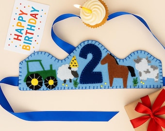 Handmade Felt Farm Birthday Crown: Personalized party Hat with Tractor, Sheep, Cow and Horse.