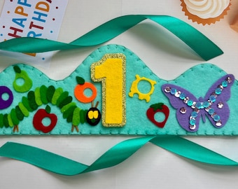 Handmade Felt Very Hungry Caterpillar Birthday Crown: Personalized party Hat with Caterpillar, Butterfly and fruit.