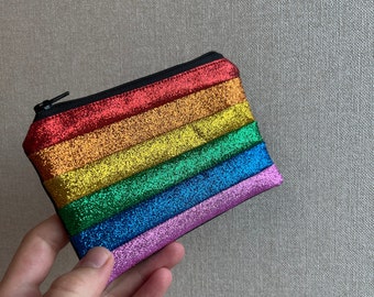 Pride Rainbow Fine Glitter Coin Purse Zip Mini Wallet Zipper Pouch Vinyl Faux Leather with Lining Color