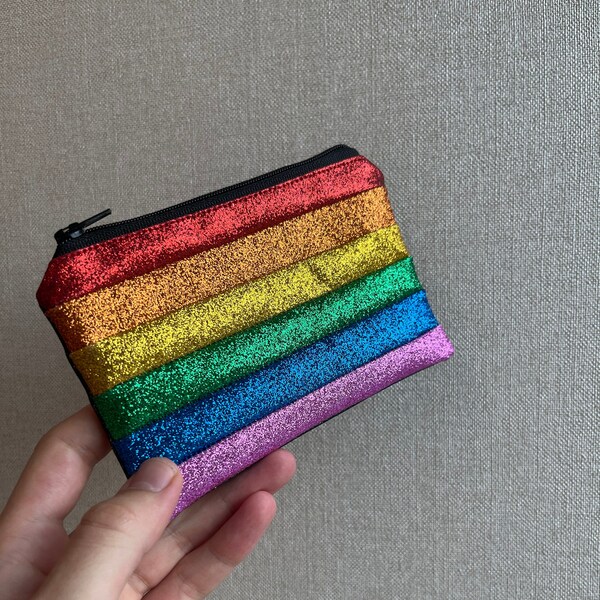 Pride Rainbow Fine Glitter Coin Purse Zip Mini Wallet Zipper Pouch Vinyl Faux Leather with Lining Color