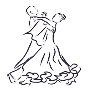 Może przedstawiać: Czarno-biały rysunek liniowy pary tańczącej w tańcu towarzyskim. Kobieta ma na sobie płynącą suknię z falbaną na dole, a mężczyzna ma na sobie marynarkę.