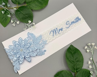 UK seller Personalised Embroidered Wedding Garter. Something Blue. Gift, Two styles