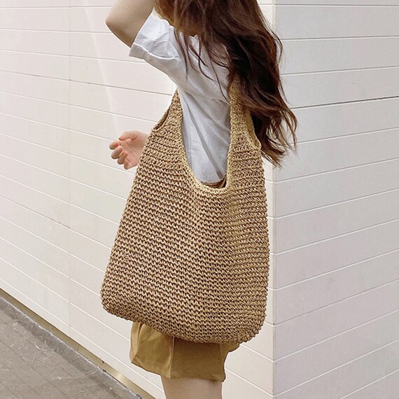 Handwoven Large Straw Tote Bag Shoulder Straw Bag Knitted Etsy