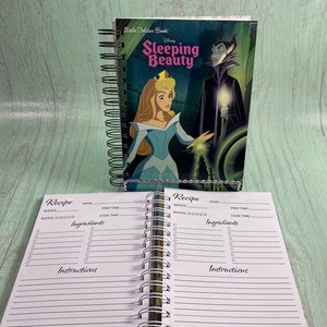 Livro de receitas da Disney, livro de receitas da Bela Adormecida, diário de receitas, cartões de receitas, fichário de receitas, diário de receitas, diário de culinária infantil