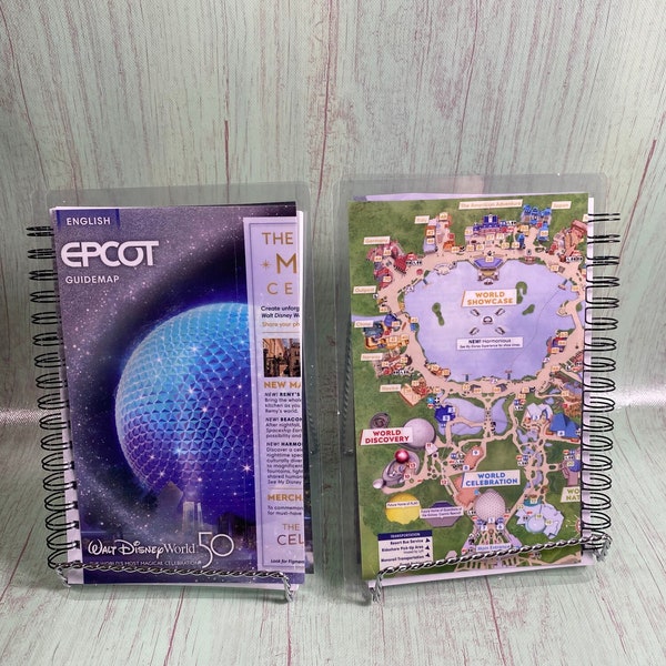 Theme Park Map notebook, Disney autograph book, recycled map, disney map, Epcot map, 50th anniversary merch, theme park merch