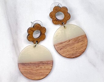 Daisy Cut Out Wooden Circle Earrings | Translucent White + Walnut | Statement Jewellery by Weird & Wired