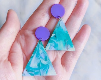 Purple + Mint Marbled Triangle Earrings | Statement Jewellery by Weird & Wired