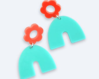 Orange + Mint Daisy Arch Dangle Earrings | Statement Jewellery by Weird & Wired