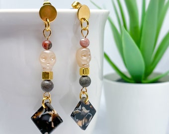 Skull Beaded Dangle Earrings | Earth Tones | Statement Jewellery by Weird & Wired