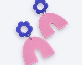 Blue + Pink Daisy Arch Dangle Earrings | Statement Jewellery by Weird & Wired