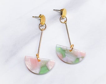 Marbled Pendulum Earrings | Gold, Pearly Peach + Translucent Apple Green | Statement Jewellery by Weird & Wired