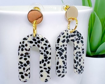 Speckled U Shape Earrings | Cream, Black, Gold | Statement Jewellery by Weird & Wired