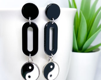 Yin Yang Glossy Black Dangle Earrings | Statement Jewellery by Weird & Wired