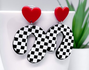 Checkered U-Shape Earrings with Heart Studs | Statement Jewellery by Weird & Wired