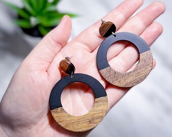 Cut Out Wooden Circle Earrings | Black + Walnut | Statement Jewellery by Weird & Wired